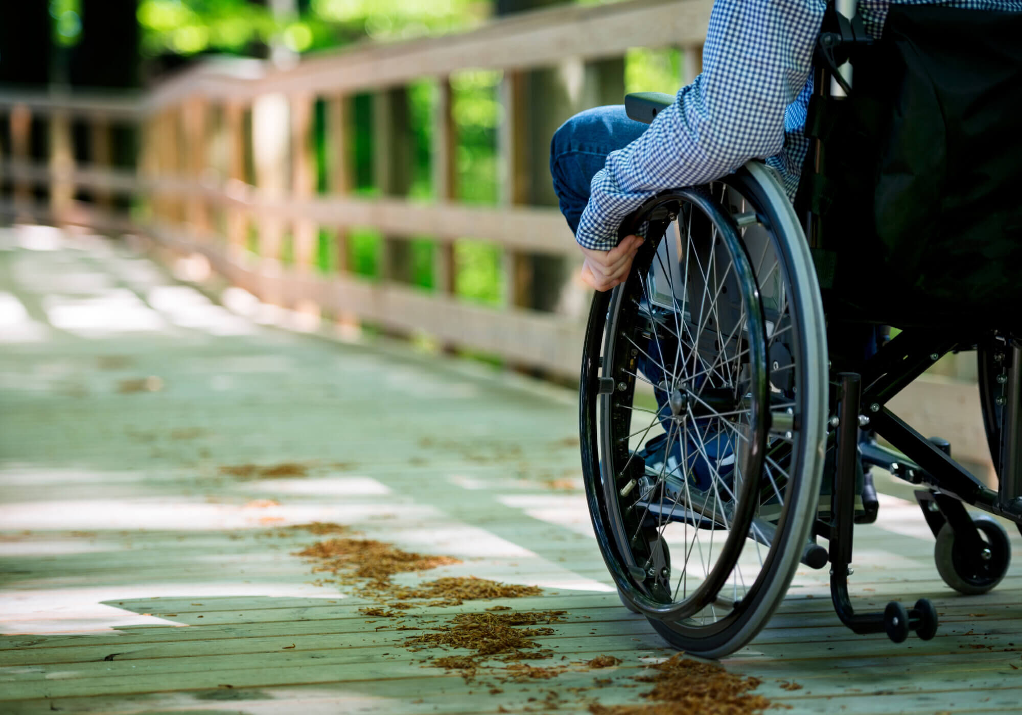 Wheelchair on wooden pathway